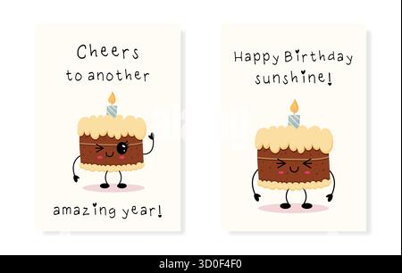 Set von schönen Geburtstagsgrußkarten mit Kuchen. Geburtstagswünsche Stock Vektor