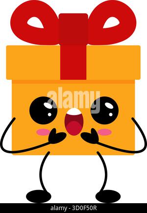Cartoon Kawaii Geschenkbox Charakter mit überraschtem Ausdruck und roter Schleife, isolierte Vektor-Illustration für Feiertag, Geburtstag und festliche Dekoration. Stock Vektor
