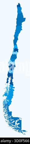 Karte von Chile mit Regionen. Nur eine einfache Ländergrenzkarte mit regionaler Aufteilung. Hellblaue Farbpalette. Stock Vektor