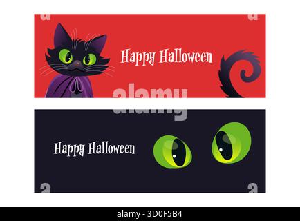 Halloween-Banner-Set mit schwarzer Katze, perfekt für saisonale Partys, Einladungen und Werbung. Stock Vektor