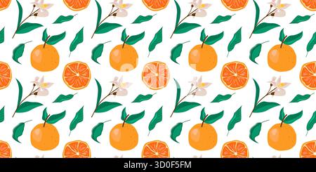 Buntes nahtloses Muster mit Orangen, Blumen und grünen Blättern auf weißem Hintergrund, ideal für Textilien, Tapeten und Verpackungen. Stock Vektor