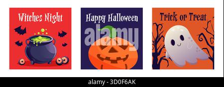 Halloween-Karten-Set mit Geistern, Kürbissen und dunklen gruseligen Designelementen, ideal für Grüße, Einladungen und Halloween-Partys. Stock Vektor