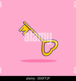 Goldener Herzschlüssel auf rosa Hintergrund Vektor-Illustration Cartoon-Design Stock Vektor
