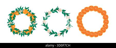 Kollektion dekorativer Kränze mit Orangen, Scheiben, Blättern und Blumen, in flachem Stil für saisonale Karten, Einladungen, Poster und Backgro Stock Vektor
