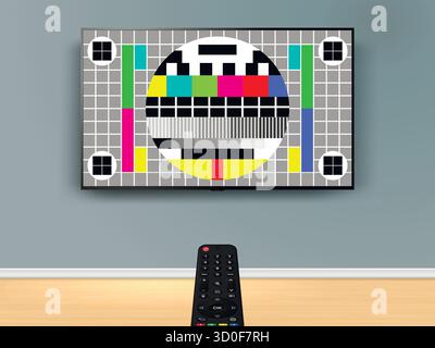 Fernsehen mit Fernbedienung. Die Fernbedienung ist auf den Fernseher ohne Signal an der Wand gerichtet. Vektorabbildung. Stock Vektor