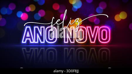 Happy New Year Banner mit leuchtendem Neonlicht Typografie-Schriftzug auf glänzendem Bokeh-Licht-Hintergrund. Feliz Ano Novo Portugiesische Sprachvektor Stock Vektor