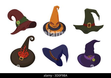 Halloween Hexenhüte Zeichentrickset. Magische Hüte verziert Schnallen in verschiedenen Formen und Farben. Vektorillustration auf isoliertem Hintergrund für Dekora Stock Vektor