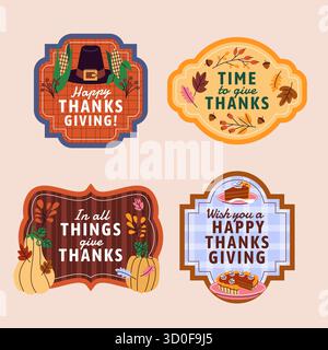 Thanksgiving-Aufkleber mit Essens- und Danksagungen in handgezeichneter flacher Cartoon-Art Stock Vektor