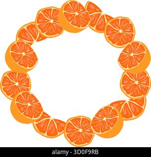 Kreisförmiger Kranz aus saftigen orangefarbenen Scheiben auf weißem Hintergrund für Sommer- und tropische Designs. Stock Vektor