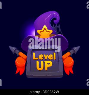 Halloween Level Up Spielabzeichen mit Hexenhut Stock Vektor