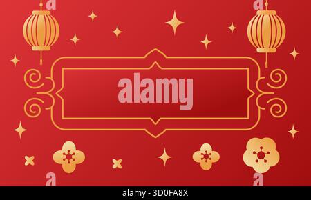 Ein festliches chinesisches Neujahrsbanner mit goldenen Laternen, Sternen und floralen Akzenten. Perfekt für Urlaubsangebote. Stock Vektor