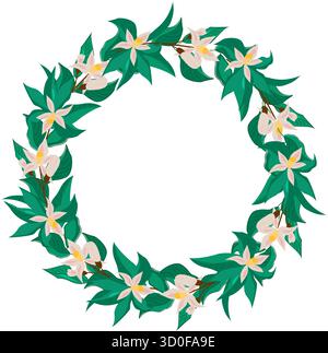Ein dekorativer Kranz aus grünen Blättern und rosafarbenen Blüten, der eine kreisförmige Form bildet. Stock Vektor