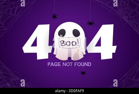 Halloween 404 Seite nicht gefunden, unbekannter Fehler. Niedlicher Vektor-Zeichentrickgeist mit einem Buh-Schild in großen weißen Zahlen, hängenden Spinnen und subtilen Pfannenstiften Stock Vektor