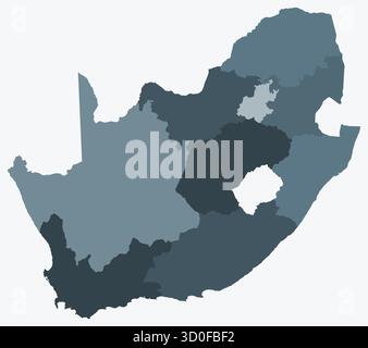 Karte von Südafrika mit Regionen. Nur eine einfache Ländergrenzkarte mit regionaler Aufteilung. Farbpalette Blaugrau. Stock Vektor