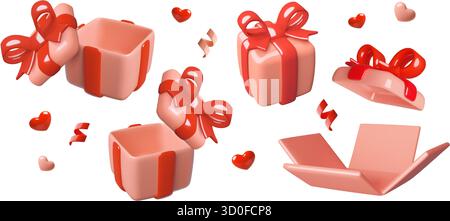 Rosafarbene 3D-Geschenkboxen, geöffnet und geschlossen mit leeren roten Bändern und Kunststoffherzen Stock Vektor