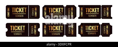 Ein elegantes Ticket-Set in Gold und Schwarz mit gepunkteten Linien und klassischer Typografie, geeignet für anspruchsvolle Veranstaltungseinladungen. Stock Vektor