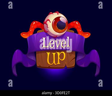 Halloween Level Up Spielabzeichen mit gruseligen Augapfel Stock Vektor