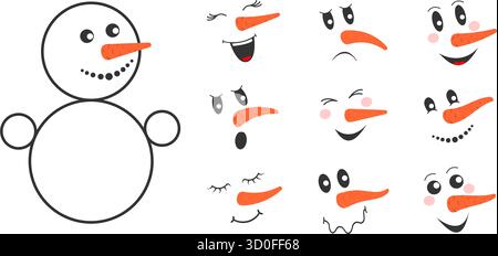 Schneemannfigur mit verschiedenen lustigen Gesichtern. Sammlung niedlicher Schneemannsköpfe mit verschiedenen Emotionen und Karottennasen. Konstruktor für Winterzeichen. Vektor-Zeichentrick-Illustration. Stock Vektor