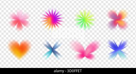 Abstrakte Y2K-Verlaufsblumen und -Sterne mit sanfter Unschärfe und glitzernder Textur. Rosa-, Blau- und Lila-Töne mit Körnung und Glanz. Perfekt für trendige vecto Stock Vektor