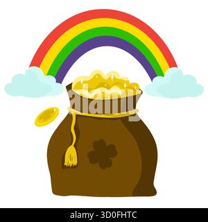 Vektor-Illustration der Geldtasche mit Kobold-Münzen für St. Patrick's Day, mit vier Blatt Glücksklee und Regenbogen in Wolken Stock Vektor