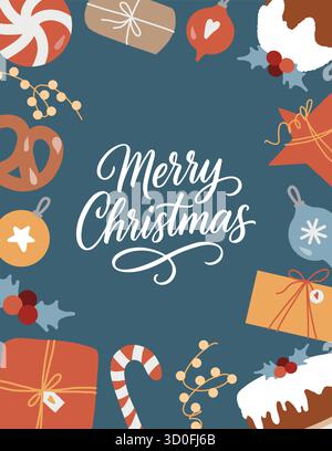 Eine Silvester-Kartenschablone mit „Merry Christmas“-Schriftzug. Vektorabbildung von Feiertagsattributen. Handgezeichnete Geschenke, Weihnachtsgebäck, Girlanden und Weihnachtsbaumkugeln auf dunkelblauem Hintergrund. Vorlage für Postkarten, Einladungen und Flyer im Retro-Stil Stock Vektor
