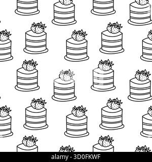 Nahtloses Schwarz-weiß-Muster aus mehrschichtigen Kuchen mit Erdbeeren, perfekt für Bäckerei, Café, Menü, Tapeten oder Verpackungen. Stock Vektor