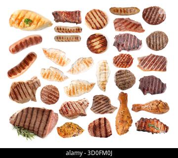 Gegrilltes Fleisch und Würstchen isoliert auf weiß, Set Stockfoto