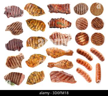 Gegrilltes Fleisch und Würstchen isoliert auf weiß, Set Stockfoto
