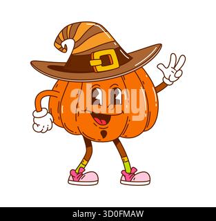 Groovige Halloween Kürbis Figur in Hexenhut Stock Vektor