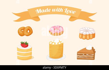 Sammlung von Backwaren-Desserts mit Kuchen, Donuts und süßem Gebäck. Farbenfrohe flache Vektorform, perfekt für Café-Menü, Poster, Aufkleber und Food pac Stock Vektor