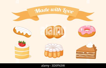 Vektor-Illustration von Bäckerei Süßigkeiten einschließlich Donuts Kuchen Scheibe Eclair und Erdbeerkuchen mit dekorativem Banner gemacht mit Liebe in Pastellfarben Stock Vektor