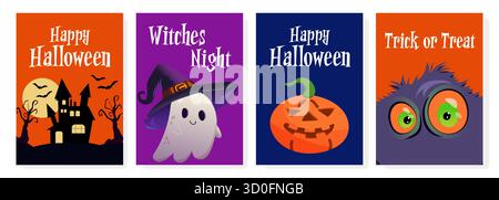 Kreatives Set von Halloween-Postern mit Kürbissen, Hexen, Spukhaus und Monstern, perfekt für die Dekoration der Saison, Partys und Einladungen. Stock Vektor