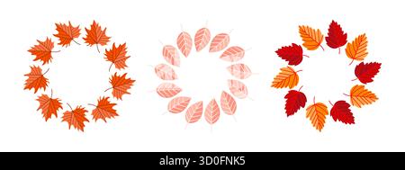 Drei dekorative Kränze aus bunten Herbstblättern, ideal für fallthemenbezogene Designs und Dekorationen Stock Vektor