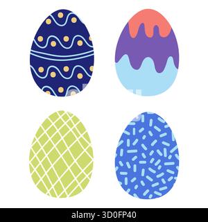 Hell dekorierte Ostereier mit vier einzigartigen Designs, perfekt für Frühlingsfeiern. Jedes Ei hat ein anderes Muster, das festliche unterstreicht Stock Vektor
