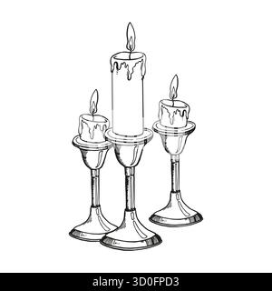 Vektor brennende Kerzen im antiken Kerzenhalter mit Feuer, drei Kerzen, schwarz-weiße Illustration der Wissenschaft, mystisches Thema, für gemütliche Innenräume, Hand Stock Vektor