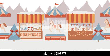 Nahtloser Vektorrahmen. Winter-Vergnügungspark, Weihnachtsmarkt, Winterstadt. Weihnachtsmarkt, Markt, Stände, Karussell mit Pferden, Weihnachtsbäume. H Stock Vektor