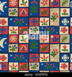 Nahtloses Weihnachtsmuster. Geometrische Neujahrsfliesen mit primitiven Blumenmotiven, Schneeflocken und Sichel mit rustikalem Effekt. Strukturiert Stock Vektor