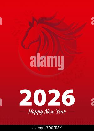 Happy New Year 2026 Poster. Mit einem stilvollen Pferdekopf auf einem satten roten Hintergrund eignet sich diese Grafik perfekt für Grußkarten, Poster und soziale Netzwerke Stock Vektor