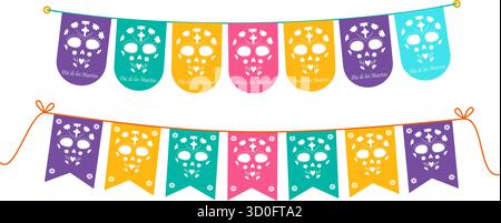 Schneide die bunten Flaggen des Zuckerschädels aus, die Pennant Girlanden am Rope Day of the Dead Elements Set hängen. Isolierte Vektor-Illustration mexikanische Feiertage Grüße Themenkarten Promo Broschüren Social Posts Stock Vektor