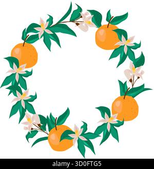 Ein dekorativer Kranz mit Orangen mit grünen Blättern und weißen Blumen, der ein frisches, lebendiges Design schafft. Perfekt für saisonale Dekoration oder Obst Stock Vektor