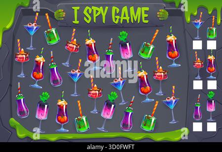 Ich spioniere Spieltabelle, Halloween-Party-Cocktails Stock Vektor