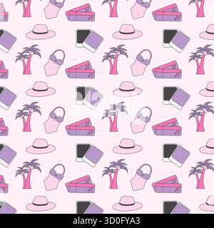 Ein nahtloses Muster, das stilisierte Reiselemente zeigt. Diese Elemente sind Badeanzüge, Hüte, Koffer, Palmen und Fotos, alles in Pink und Lila vor einem hellrosa Hintergrund. Stock Vektor