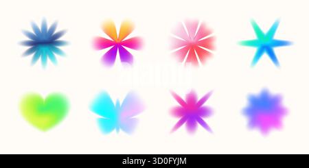 Verlaufende Blumen- und Schmetterlingsformen mit traumhafter Y2K-Aura und Halbton-Funkeln. Weiche Unschärfe, Körnung und Neonlicht sorgen für eine nostalgische futuristische Stimmung Stock Vektor