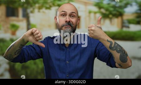 Bärtiger Mann mit Tätowierungen zeigt Zustimmung und Missbilligung Gesten auf städtischem Straßenhintergrund, trägt blaues Hemd draußen. Stockfoto