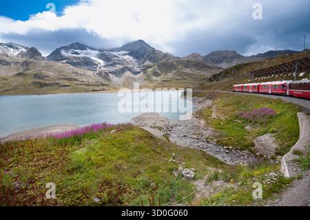 Schweiz, Bernina Express Zug mit Lago Bianco See Stockfoto