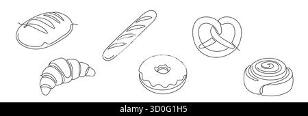 Frisches Brot, eine Zeile, fortlaufende Zeichnung. Weizenbrot, Brezel, Donut, Croissant, Bagel, französische Baguette durchgehende einzeilige Abbildung. Handgezeichnet. Stock Vektor
