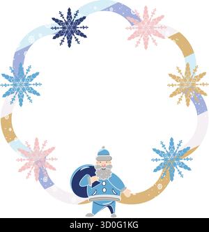 Feiertagsrahmen mit Schneeflocken und Weihnachtsmann mit Geschenken Vektor-Illustration Stock Vektor