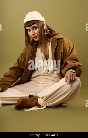 Stilvolle junge Frau sitzt anmutig auf dem Boden und strahlt Vertrauen in ihr trendiges Outfit aus. Stockfoto