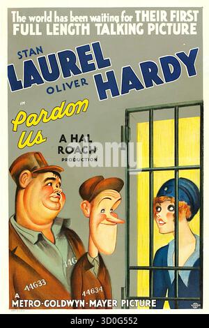 Laurel and Hardy – Pardon US – 1931 – Comedy-Film mit Stan Laurel und Oliver Hardy. Der Film spielt während der Prohibition-Ära und verfolgt die Missgeschicke von Stan und Ollie, nachdem sie ins Gefängnis geschickt wurden, weil sie selbstgemachtes Bier an einen Undercover-Polizisten verkauften. Der Film ist bekannt dafür, dass er der erste Spielfilm des Comedy-Teams war Stockfoto