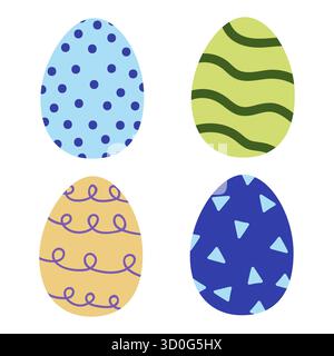 Vier wunderschön dekorierte Eier in verschiedenen Farben und Mustern sitzen vor weißem Hintergrund, ideal für festliche Feste und saisonales Kunsthandwerk. Stock Vektor